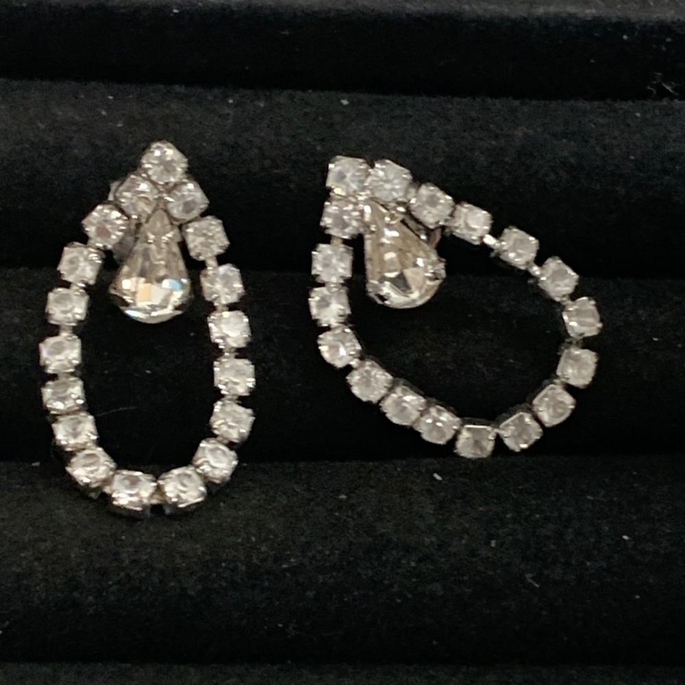 Silver Tone Rhinestone Open Teardrop Post Earrings Clear Crystal Dangle Studs